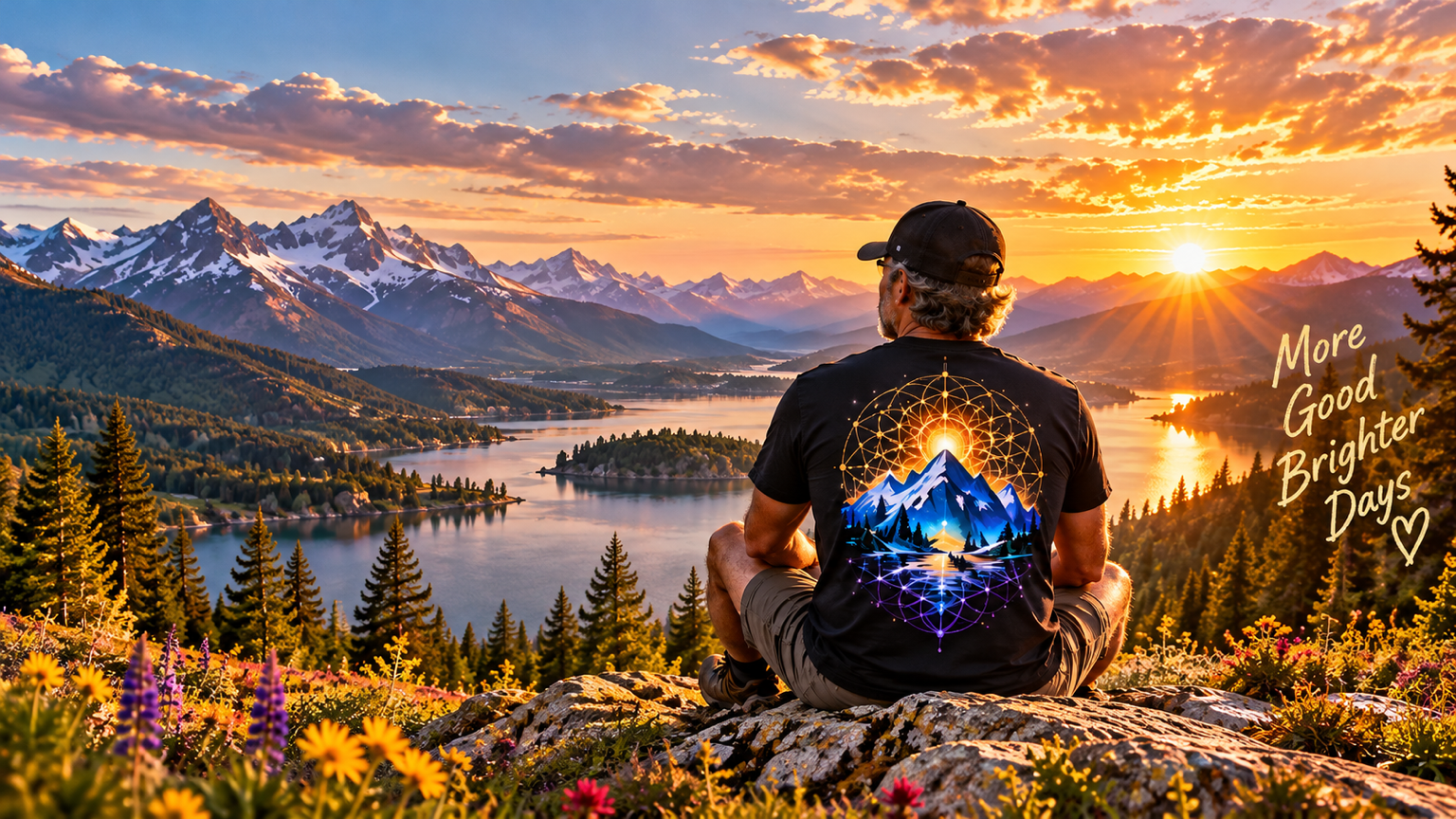 Person wearing a vivid mountain-design T-shirt overlooking a golden sunrise lake, with the words More Good Brighter Days