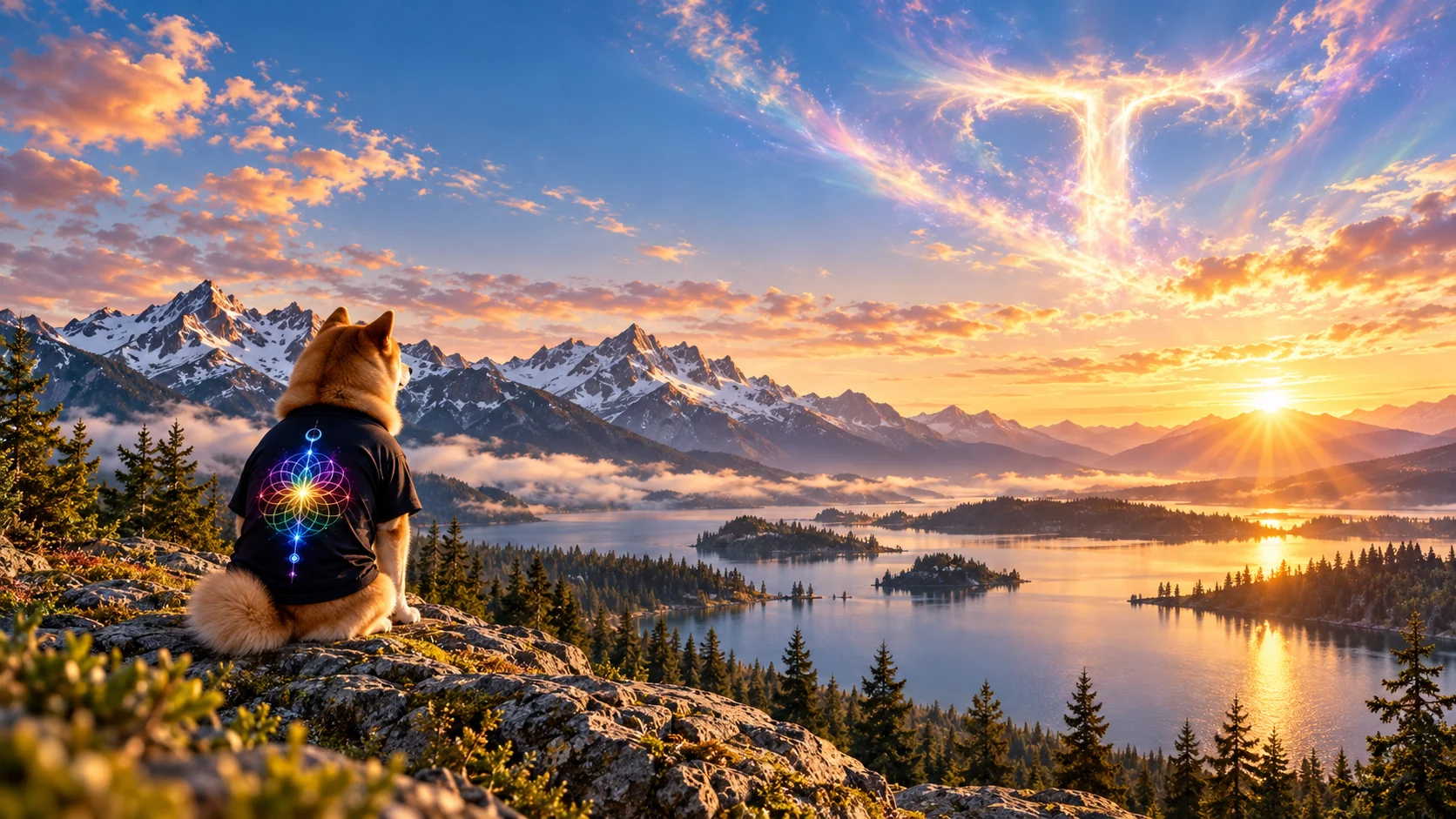 Shiba Inu wearing a colorful T-shirt looking out over a sunlit lake and mountains with a luminous T in the sky